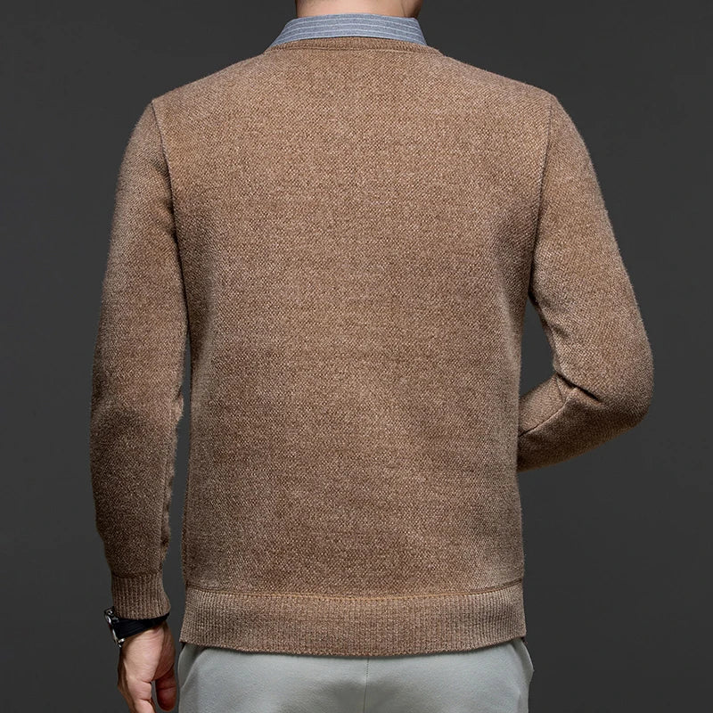 Luxury fake two piece men's knitted sweater fashion striped lapel pullover new thickened warm casual cartoon dog embroidered top