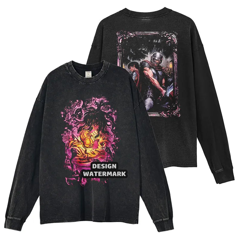 Anime Griffith Sweater Oversized Vintage Washed B -Berserk Long Sleeve T Shirt Manga Guts Pullover Zodd Sweatshirts 100% Cotton