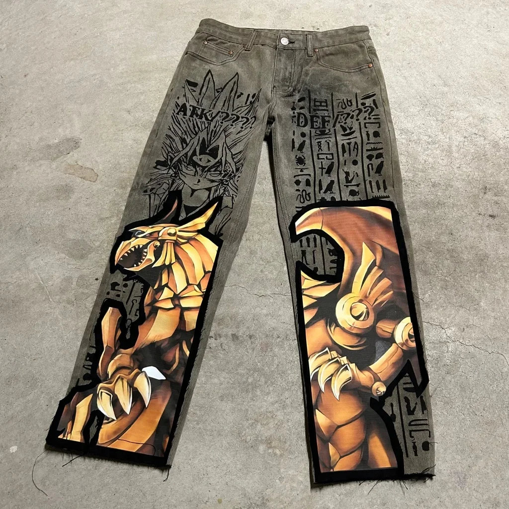 Harajuku High Street Popular Anime Jeans Y2k Baggy Jeans Vintage Wide Leg Denim PantsStreetwear Couples Trouser Men Clothing