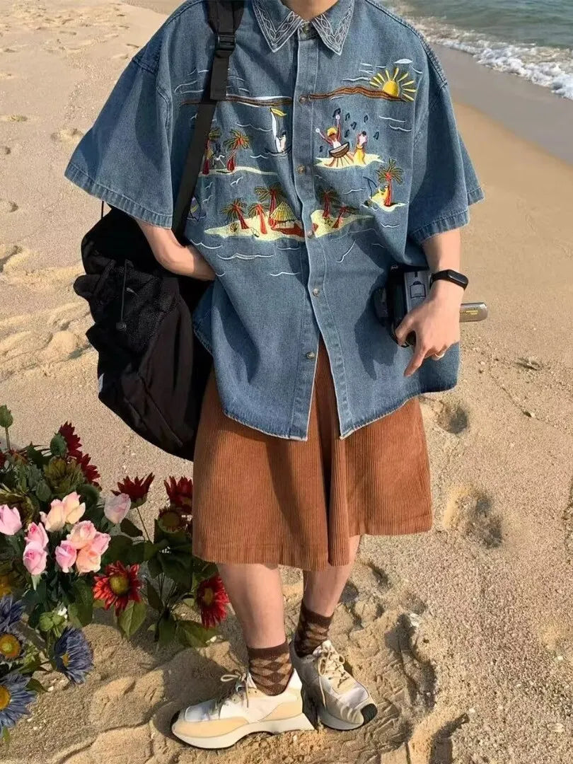 Retro American Cartoon Embroidery Denim Short Sleeve Shirt Loose Casual Summer Thin Neutral Style Men Women Outerwear