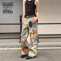 American Retro Vintage Washed Teddy Bear Graphic Printed Jeans Unisex Baggy Straight Y2K Streetwear Wide Leg Trousers Harajuku