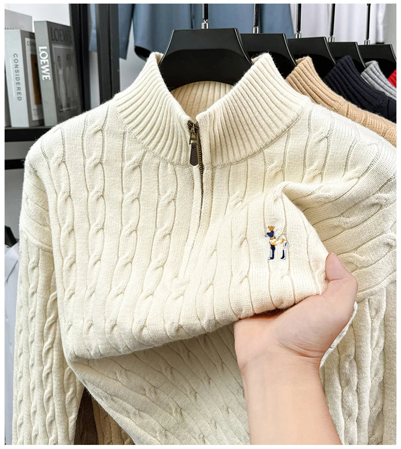 High end brand fashion jacquard sweater cartoon dog embroidery zipper semi high neck autumn winter warm men's knitted pullover