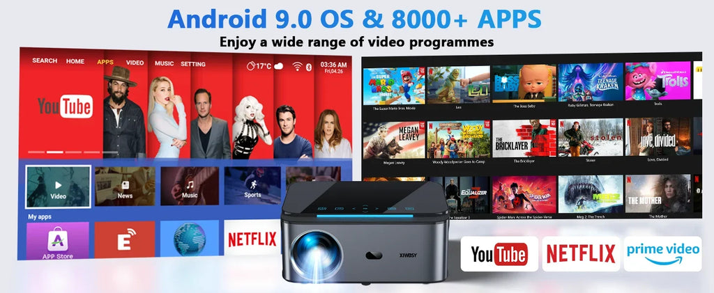 XIWBSY 1000ANSI Android Projector 25000 Lumens 4K AutoFocus/Keystone Projector Office Video Home Theater Portable Beamer Outdoor