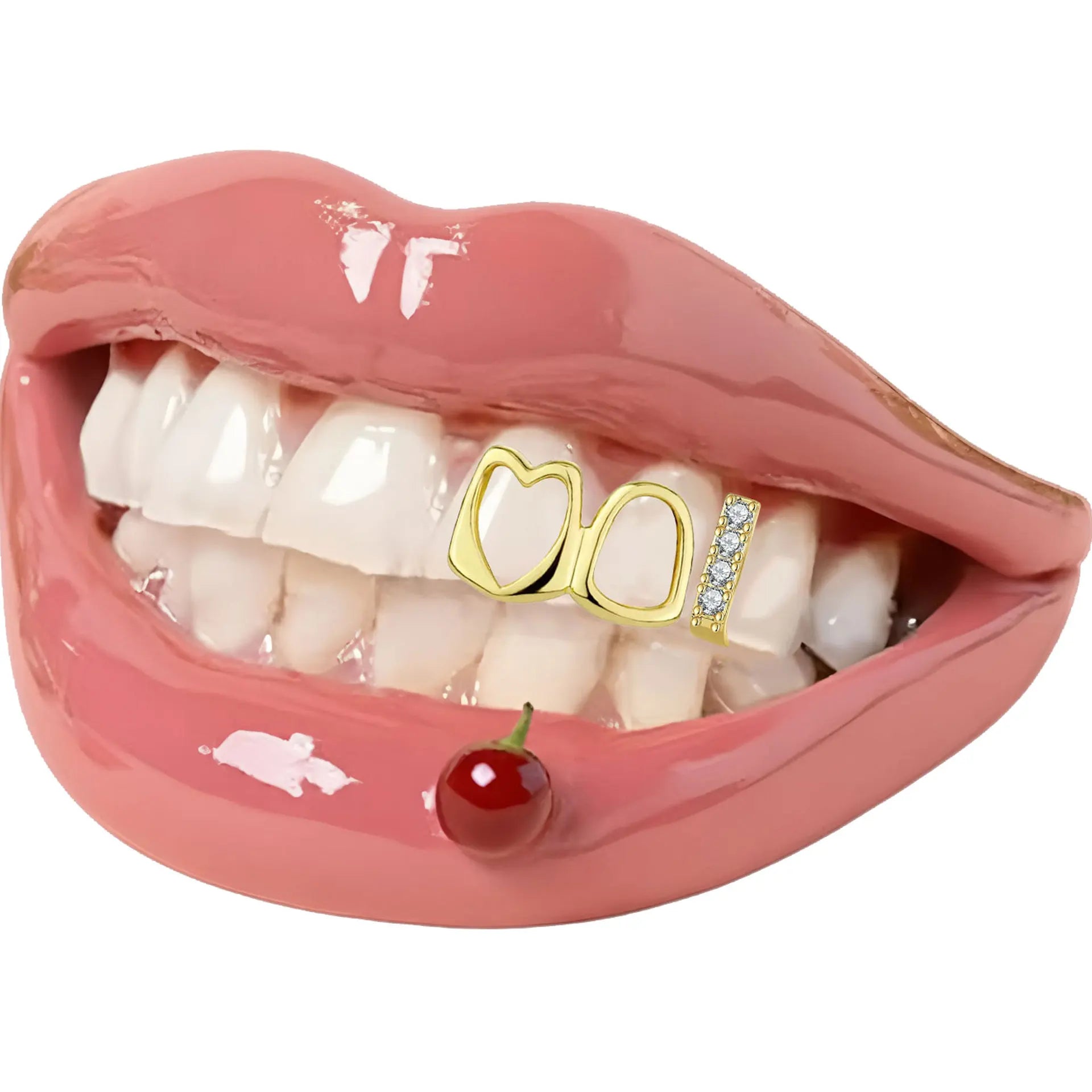 2pcs/Set Hip-Hop Hollow Out Heart Stick Diamond Double Tooth Set, Daily Street Fashion Cool Smooth Gold Teeth