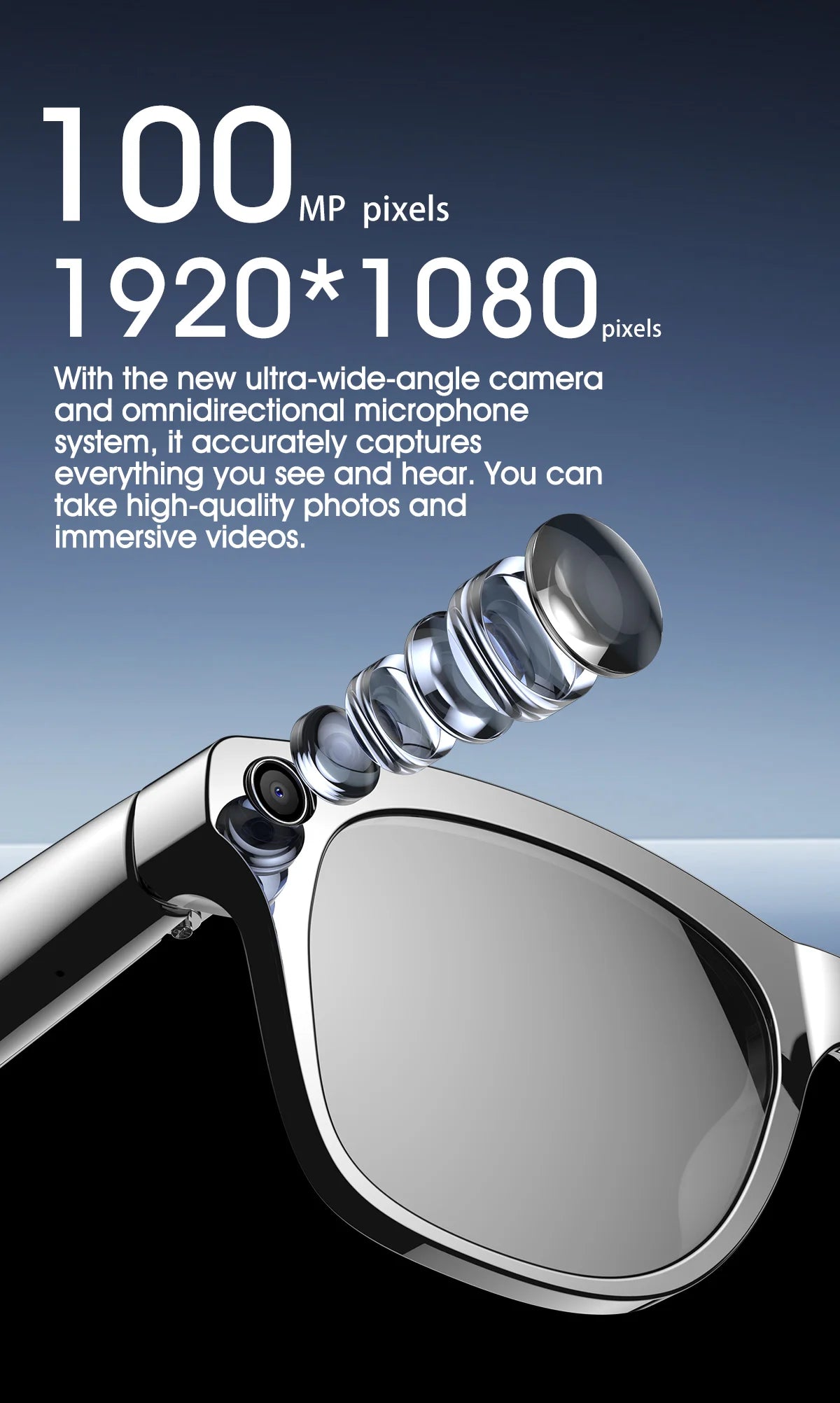 Smart Glasses 100W Camera Anti-shake Video Recording Music Control Photo Recognition Bluetooth Call Sports Sunglasses Waterproof
