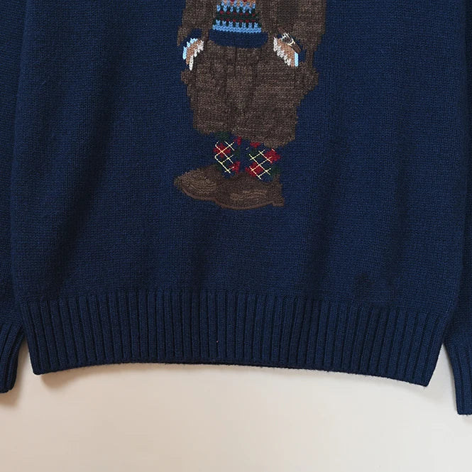 Autumn Winter Men's Knitted Sweater Heavy Embroidery Cartoon Pattern round Neck College Style Ageless Versatile Long Sleeve Top