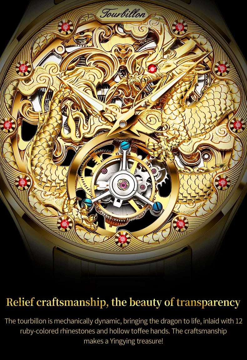 100% Golden Dragon OUPINKE 3176 True Tourbillon Watch Brand Luxury Tungsten Steel Men Automatic Mechanical Watch Reloj Hombre