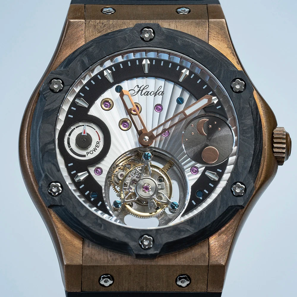 Haofa Manual Tourbillon Movement Watch for man Sapphire Mechanical Bronze Case Carbon Fiber Bezel Mens Watch Day And Night 1915T