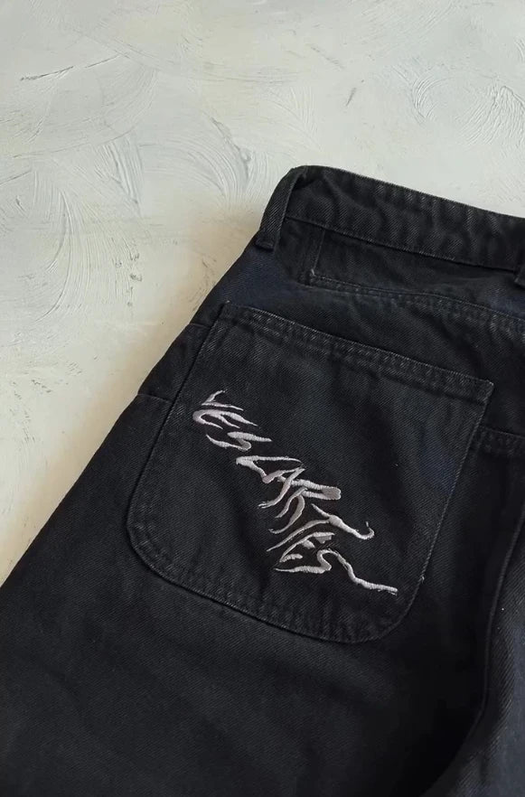 Thriller Zombie Full Embroidery Hip Hop Punk Jeans Men Women High Waist Straight Wide Leg Denim Pants Y2k Retro Baggy Jeans