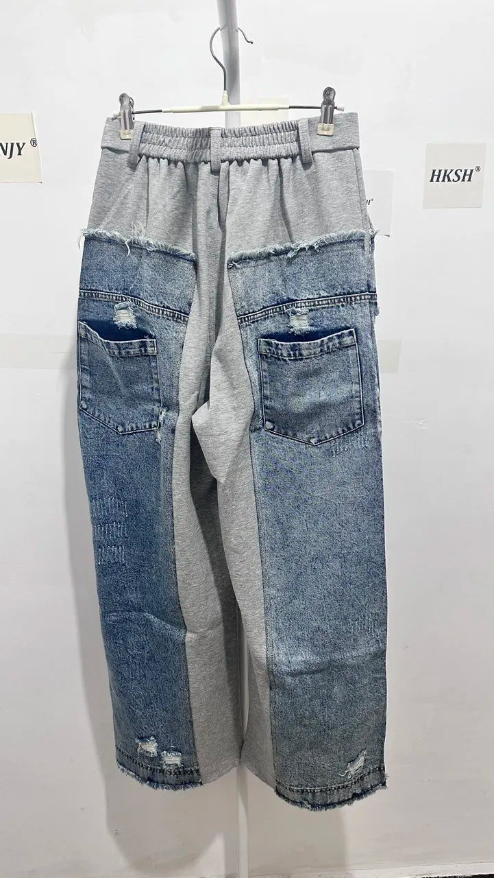 HKSH Spring Autumn New Men Trend Ripped Frayed Denim Patchwork Jacket Elastic Waist Wide-Leg Pants Fashion Two-Piece Set HK16899