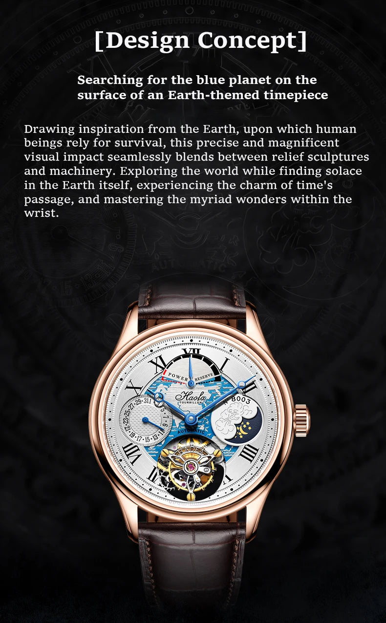 Haofa Automatic Flying Tourbillon Movement Watch Man Luxury Sapphire Skeleton Moon Phase Complete Calendar Watches For Men 8003