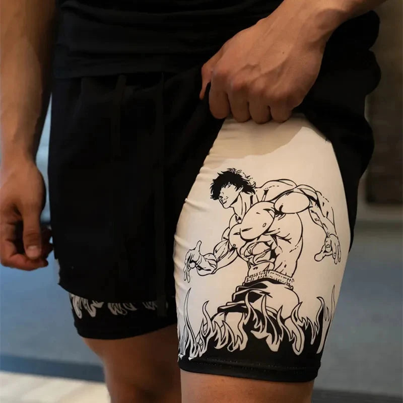 Anime Baki Hanma Gym Workout Shorts for Men Athletic Quick Dry 2 in 1 Compression Shorts Cosplay Costume