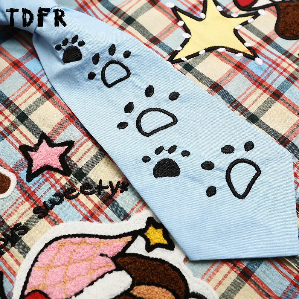 Cartoon Embroidery Short Sleeve Checked Shirt Mens Summer Retro Casual Spliced Lapel Single Breasted Half-Sleeve Plaid Shirts