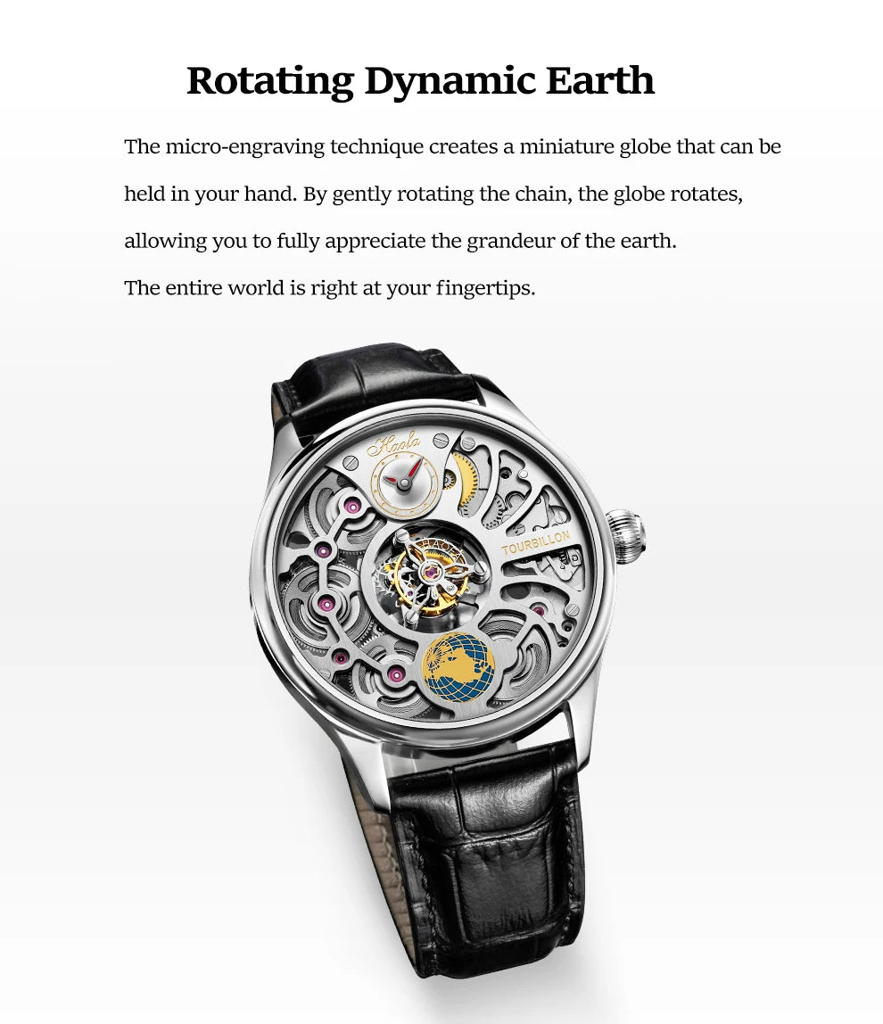 Haofa 1037 Center Tourbillon Mechanical Man Watch Skeleton Earth Dial Flying Tourbillon Movement Men Watches Vintage Fashion