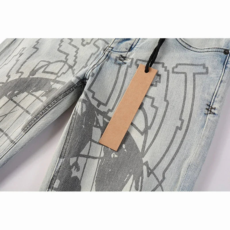 Men's High Street KSUBI Distressed Faded Blue Stretch Skinny Pattern Printing High Quality Button Fly Ripped Jeans Pants