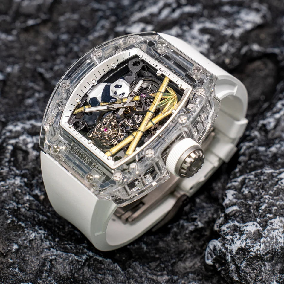 CRONUSART Men Tourbillon Watch 50mm*42mm Tonneau Sapphire Case Mechanical Wristwatch Fluororubber Strap Skeleton Panda Dial
