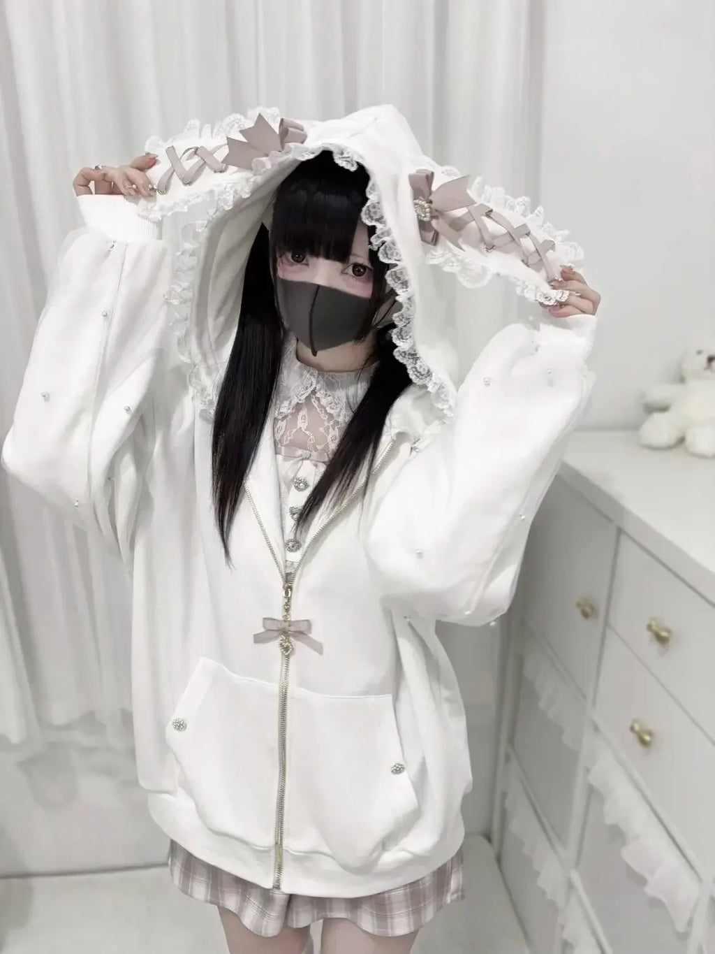 Japanese Pearl Gauze Patchwork Coats Women Y2k Aesthetic Lace Rabbit's Ears Jackets Casual Oversized Harajuku Kawaii Hoodies Top