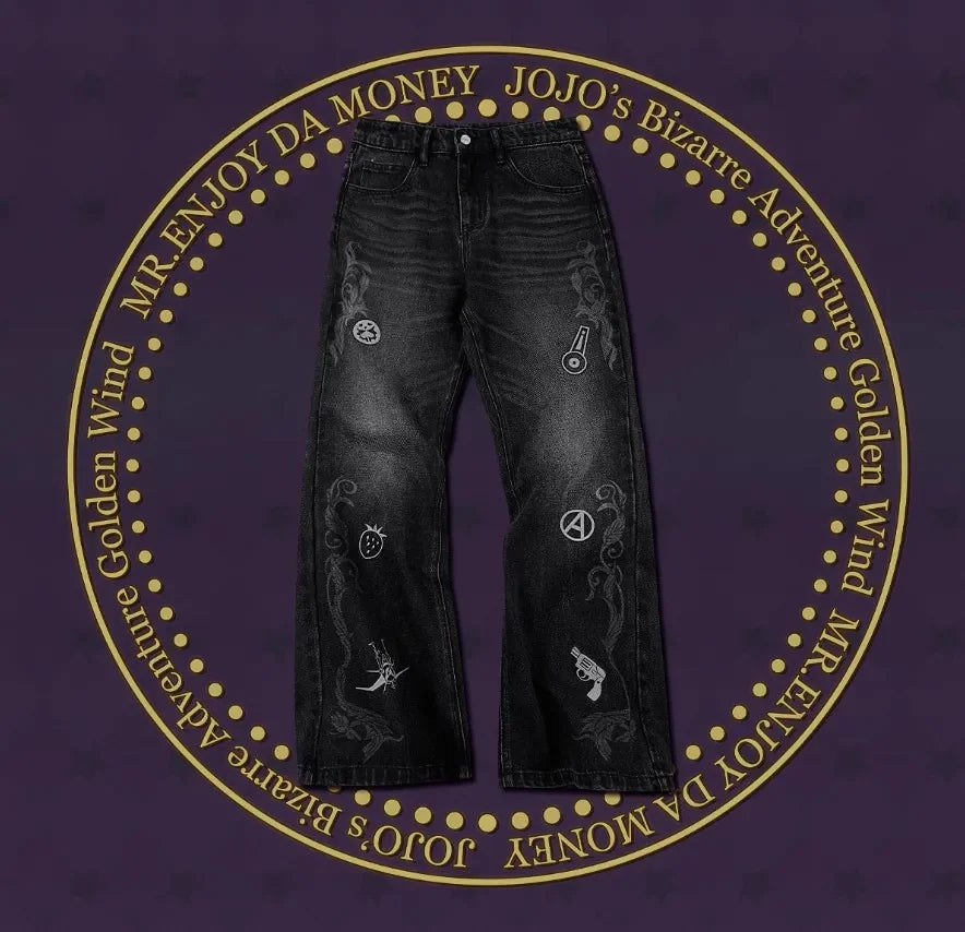 JoJo's Bizarre Adventure Black Flared Jeans Men Embroidery Streetwear Loose Casual Washed Denim Pants Anime Inspired Trousers