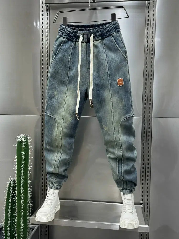 Retro stitching blue classic jeans fashion street harem pants top designer brand men clothing