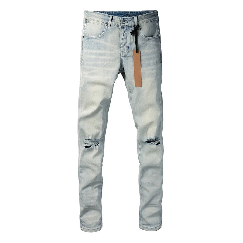 Men's High Street Distressed Light Indigo Stretch Skinny Button Fly Ripped Jeans Pants