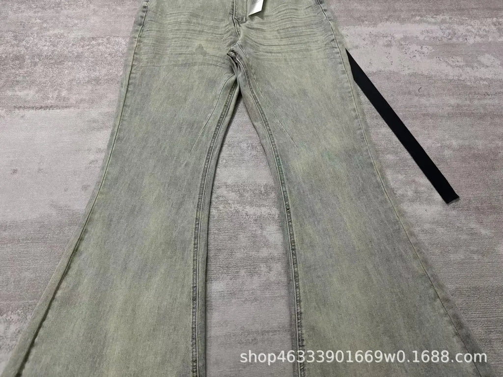 Rick RO Vintage Washed Wide Leg Skinny Jeans with Built-Up Floor-Length and Distressed Details and Cat-Fur Style Denim Pants