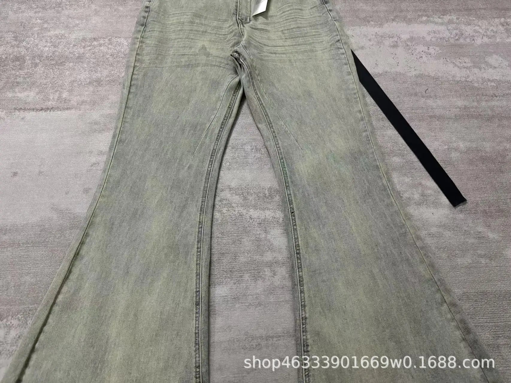 Rick RO Vintage Washed Wide Leg Skinny Jeans with Built-Up Floor-Length and Distressed Details and Cat-Fur Style Denim Pants