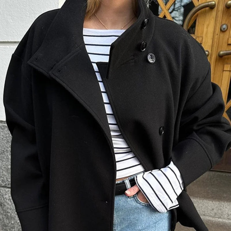 Urban Black Woolen Blend Coats Women Stand Collar Single-breasted Long Sleeve Thick Warm Jacket 2025 Autumn Winter Lady Outwear