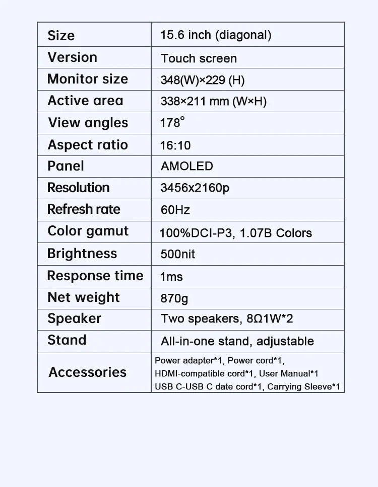 VCHANCE 15.6'' 4K OLED Portable Monitor Touchscreen 16:10 100%DCI-P3 Office Display for Mini PC Laptop Phone XBox Switch Macbook