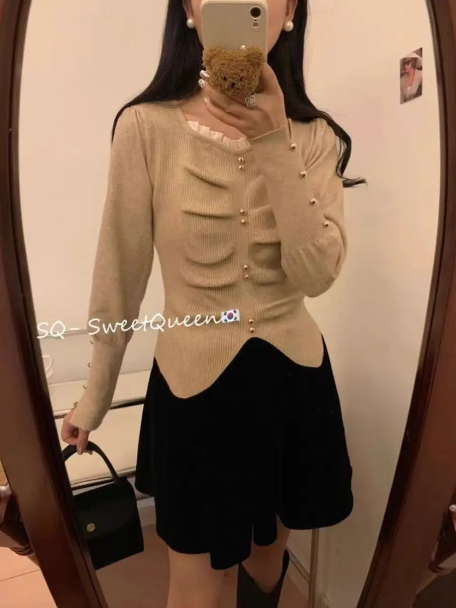 Pleated Slit Hem Contrast Patchwork Sweet Pullovers Women Clothing New Long Sleeve Fashion Sweaters Casual Korean Autumn Winter