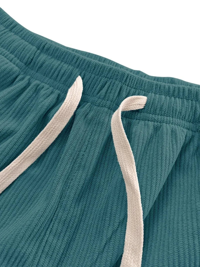 Women's Corduroy Pants Texture Straight-Leg Trousers with Drawstring Waist & White Piping - All-Season Casual to Semi-Formal
