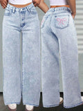 Casual, simple, cute, and sweet jeans for girls, featuring pink bow embroidery and washed denim, suitable for vacation wear.