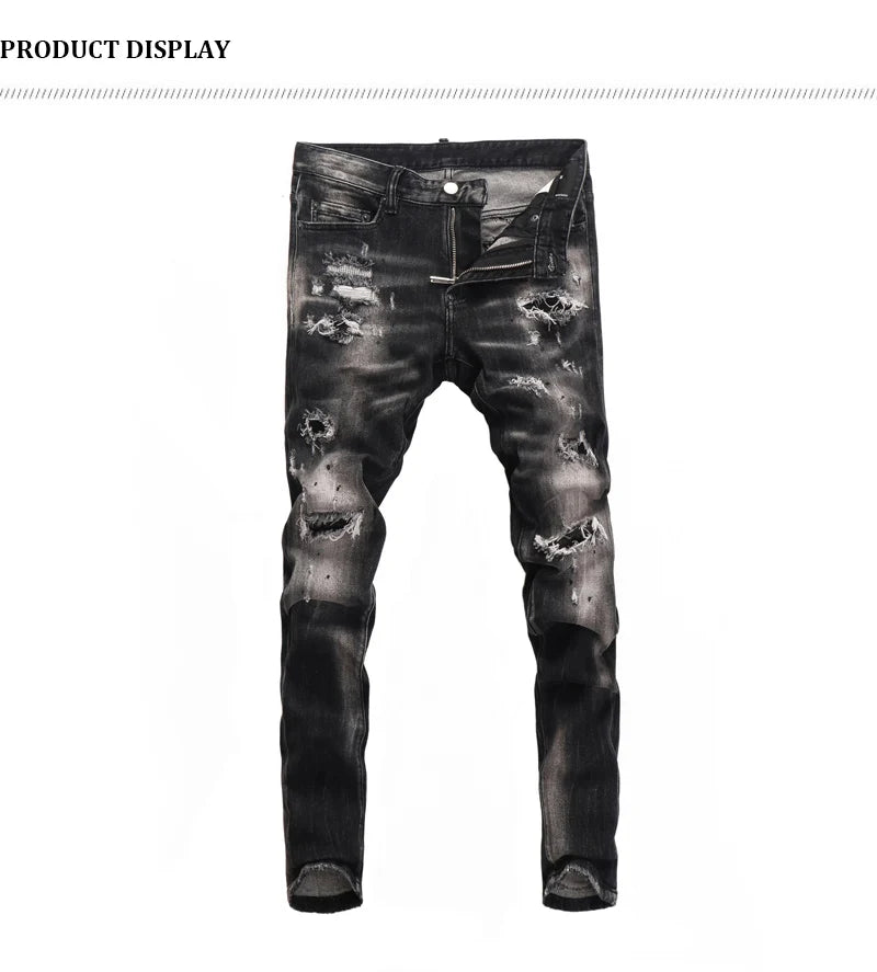 Street Fashion Men Jeans Retro Black Gray Elastic Stretch Slim Fit Hole Ripped Jeans Men Patched Designer Hip Hop Brand Pants