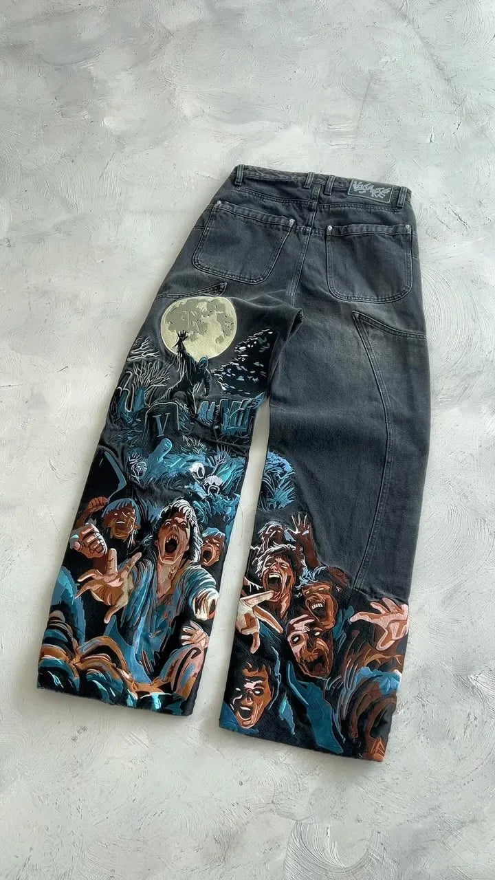Thriller Zombie Full Embroidery Hip Hop Punk Jeans Men Women High Waist Straight Wide Leg Denim Pants Y2k Retro Baggy Jeans