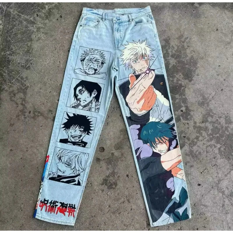 New Trend Printed Demon Slayer One Piece Jujutsu Kaisen Anime Characters Teen Loose Casual Jeans Japanese Retro Straight Jeans