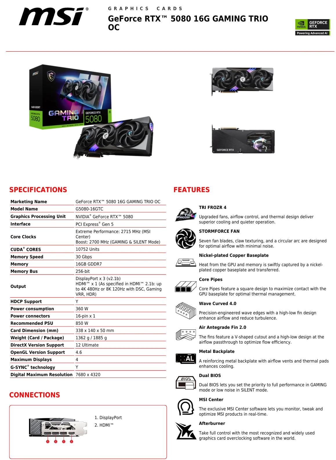 GeForce RTX 5080 16G GAMING TRIO  OC WHITE G5090-32GTC 32GB GDDR7 512-bit PCIe 5.0 Desktop Graphics Card
