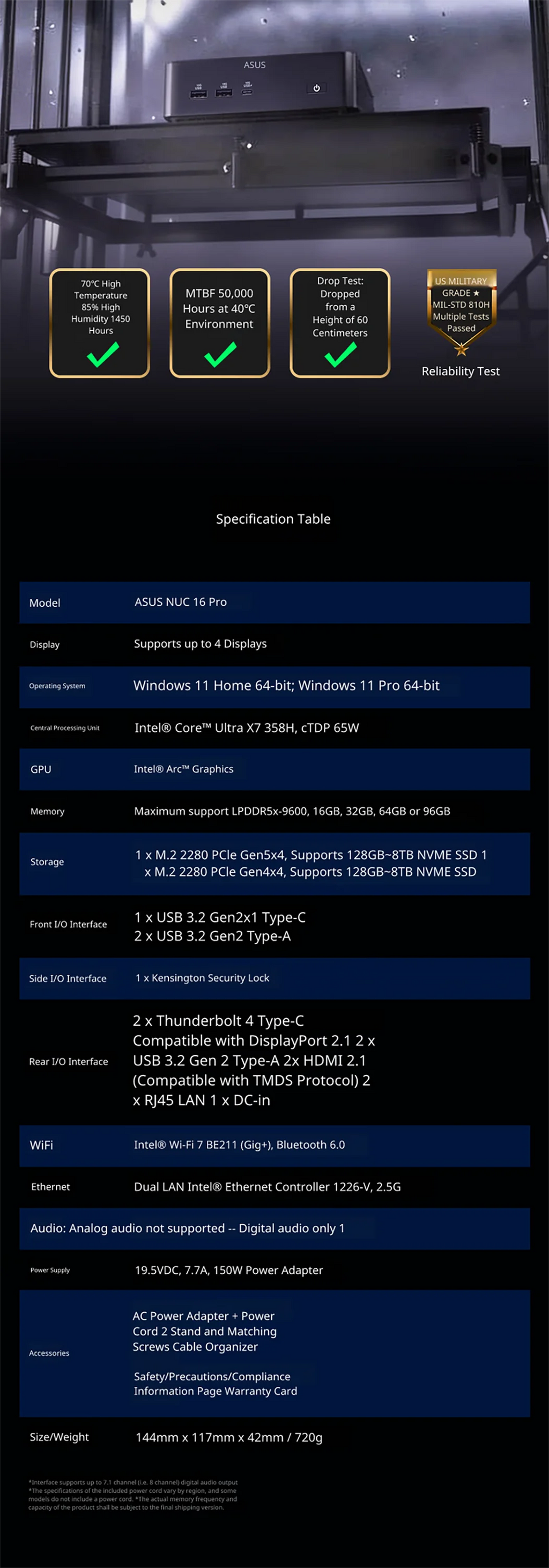 ASUS NUC16 Pro Ultra X7 358H Mini PC 32GB LPDDR5X 1TB SSD Intel Arc B390 WiFi7 Dual 2.5G LAN AI Desktop 4K Gaming Computer