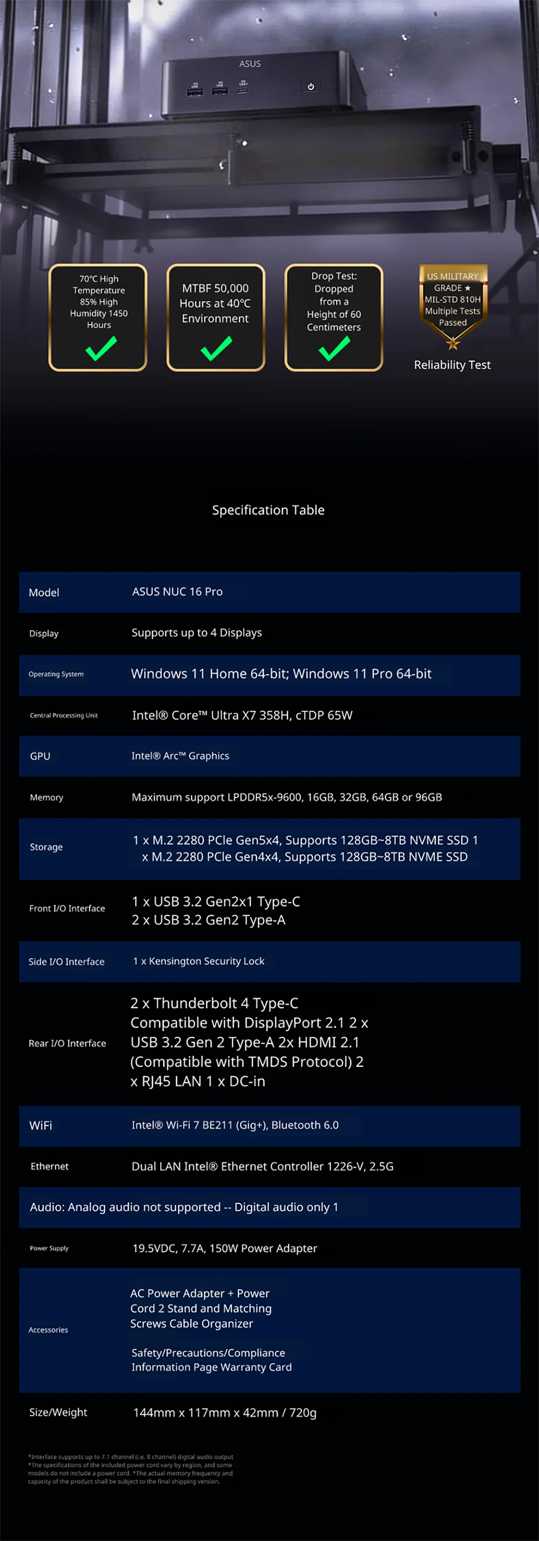 ASUS NUC16 Pro Ultra X7 358H Mini PC 32GB LPDDR5X 1TB SSD Intel Arc B390 WiFi7 Dual 2.5G LAN AI Desktop 4K Gaming Computer