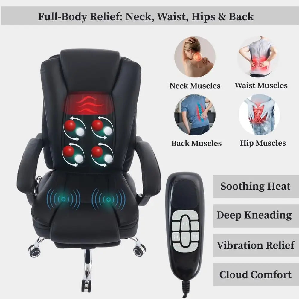 4-Point Kneading Heated Massage Office Chair with Footrest, UL & BIMA Certified, 500lbs Capacity, Suitable for Big & Tall, Leath