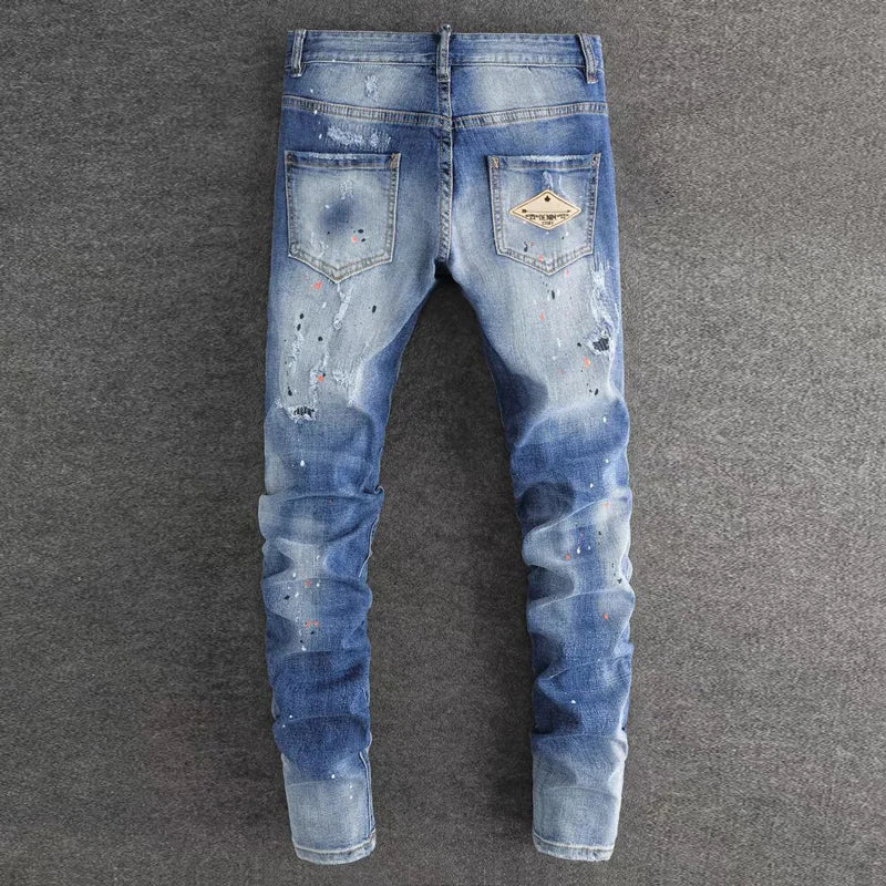 Fashionable new jeans washed with nostalgia, stretchy, slim fit, light blue, men's ripped patch jeans, high street hip-hop pants