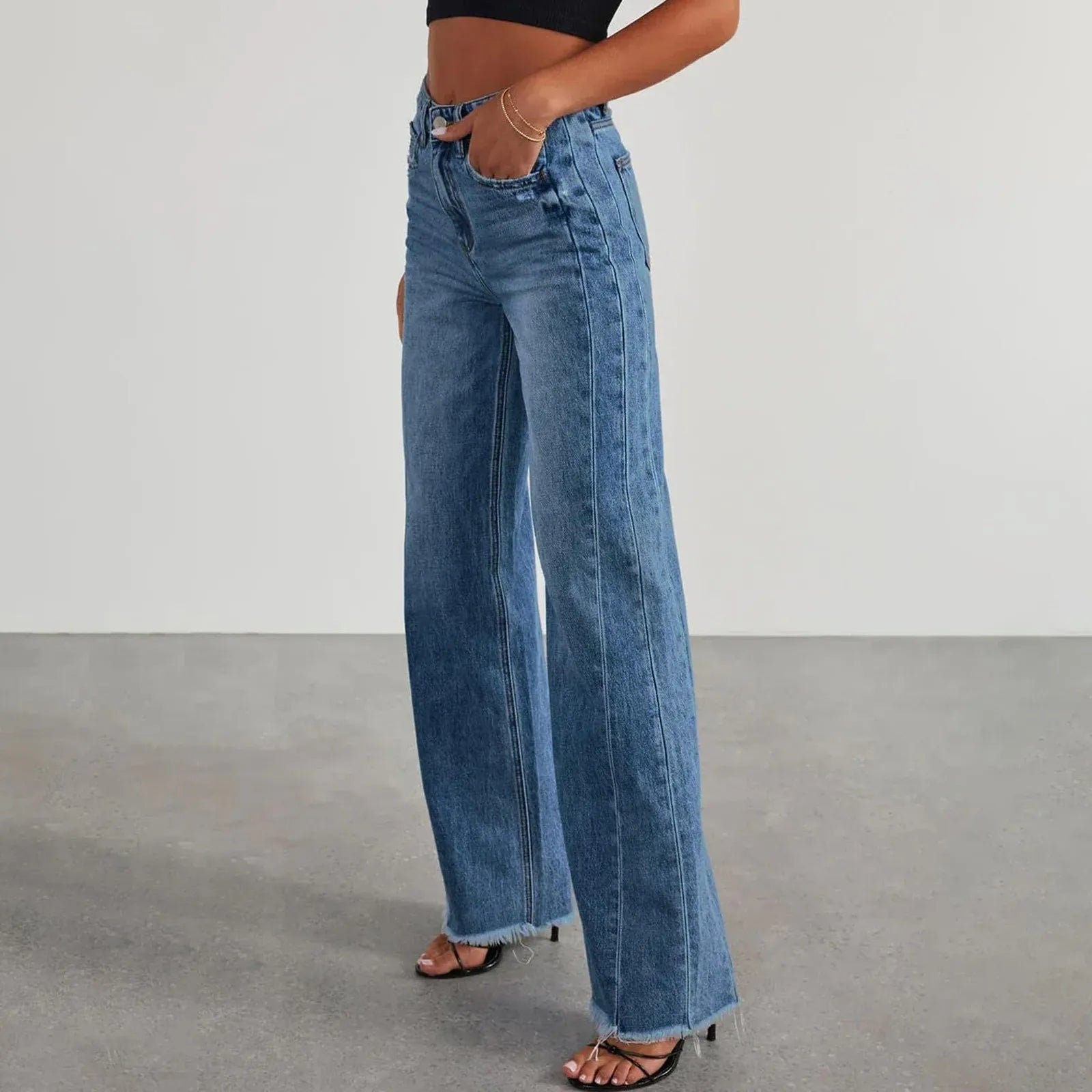 Retro High Waist Straight Leg Jeans Women's Fashion Cross-Border Frayed Hem New Style Side Seam Patchwork Distressed