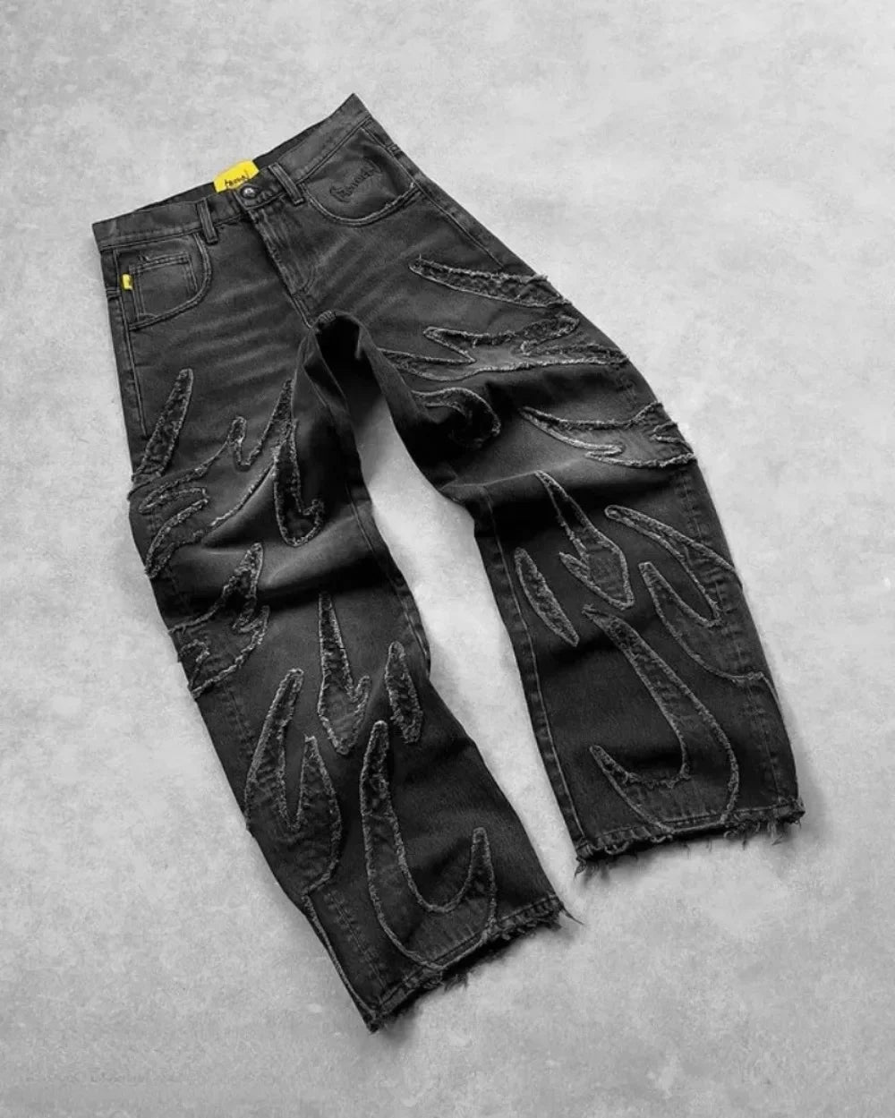 New Y2K Harajuku Retro Graphic Patch Jeans Hip Hop Gothic Raw Edge Embroidery Black Baggy Jeans Wide Leg Denim Pants Mens Womens