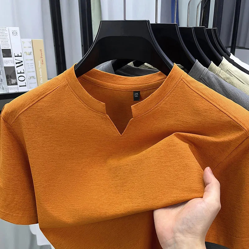 Korean Men's Short Sleeve V-Neck T-Shirt Solid Color Casual Fashion Comfortable Summer Versatile Solid Top