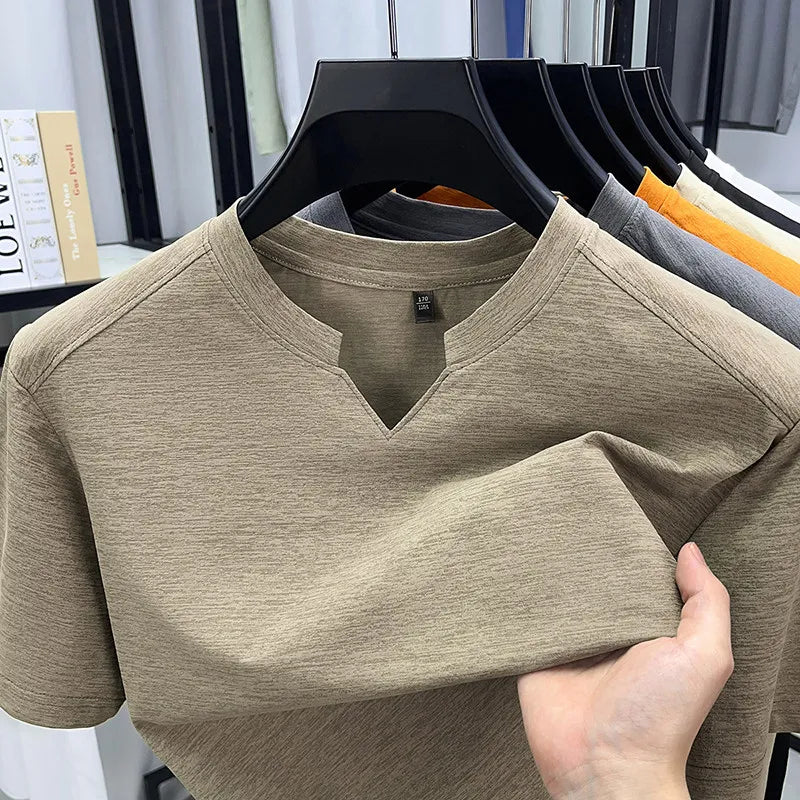 Korean Men's Short Sleeve V-Neck T-Shirt Solid Color Casual Fashion Comfortable Summer Versatile Solid Top