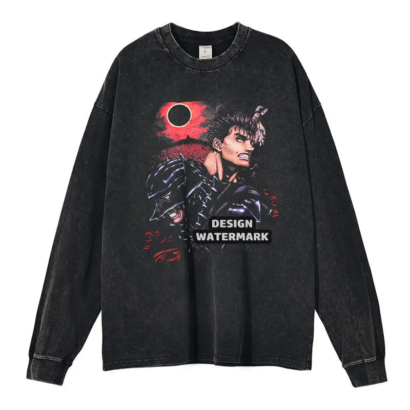 Anime Griffith Sweater Oversized Vintage Washed B -Berserk Long Sleeve T Shirt Manga Guts Pullover Zodd Sweatshirts 100% Cotton