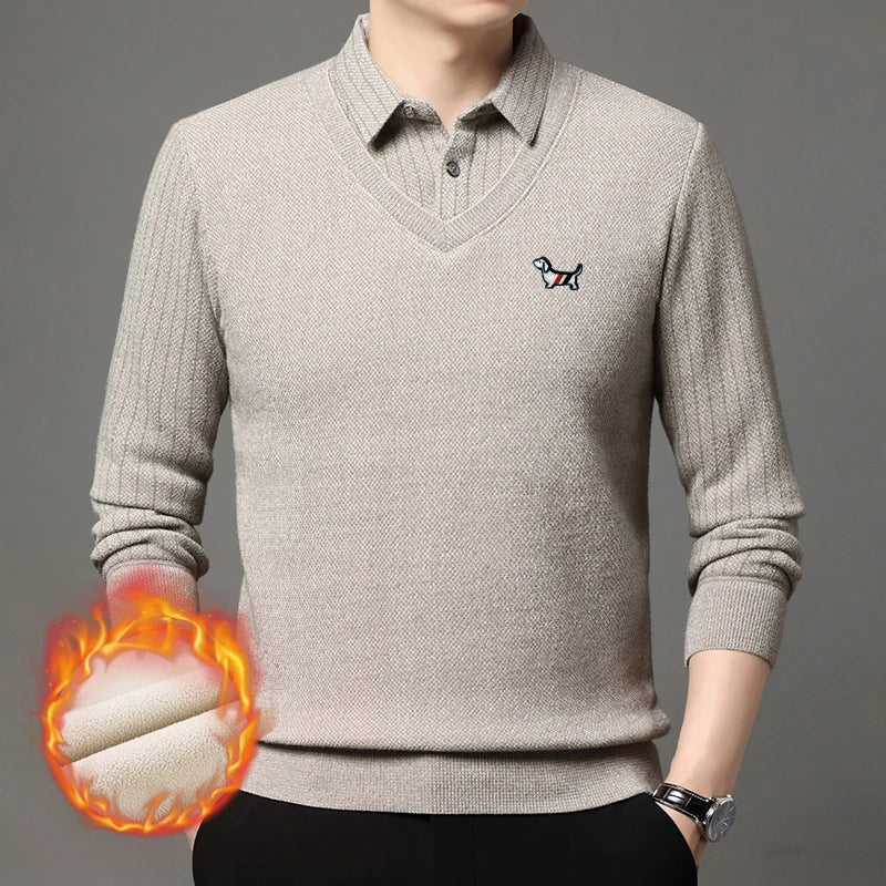 Hot Sales Cartoon Dog Embroid Men's Sweater Lapel Thicken Knit Pullover Winter Design Quality Fake Two Pieces Warm Men's Wear