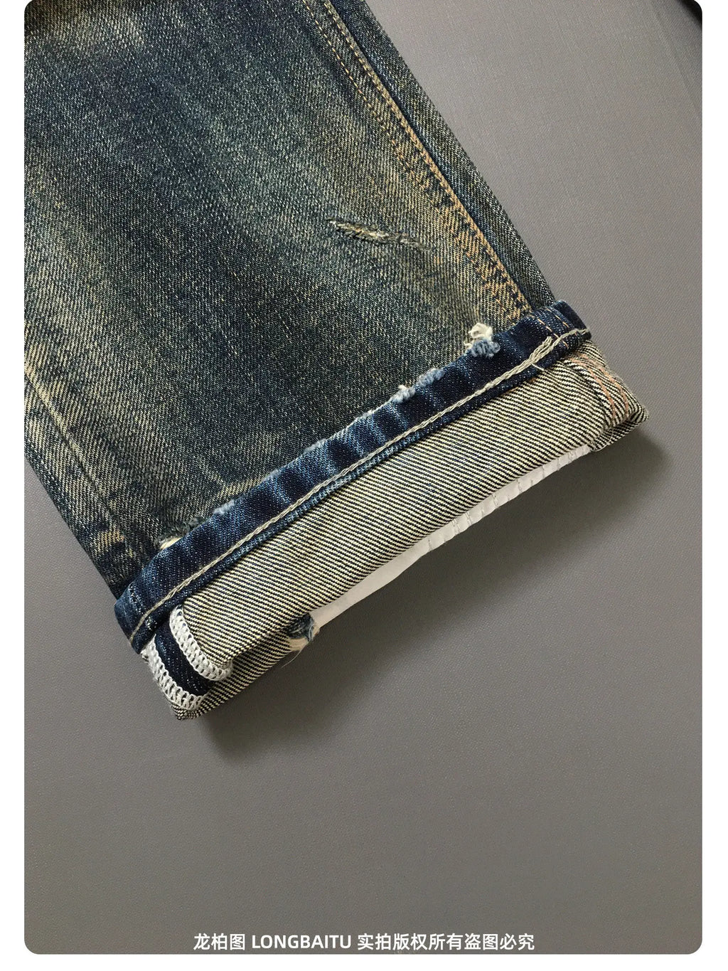 Heavyweight American Retro 100% Cotton Jeans for Men High-Street Ripped and Patched Non-Stretch Premium Loose Straight-Leg Pants