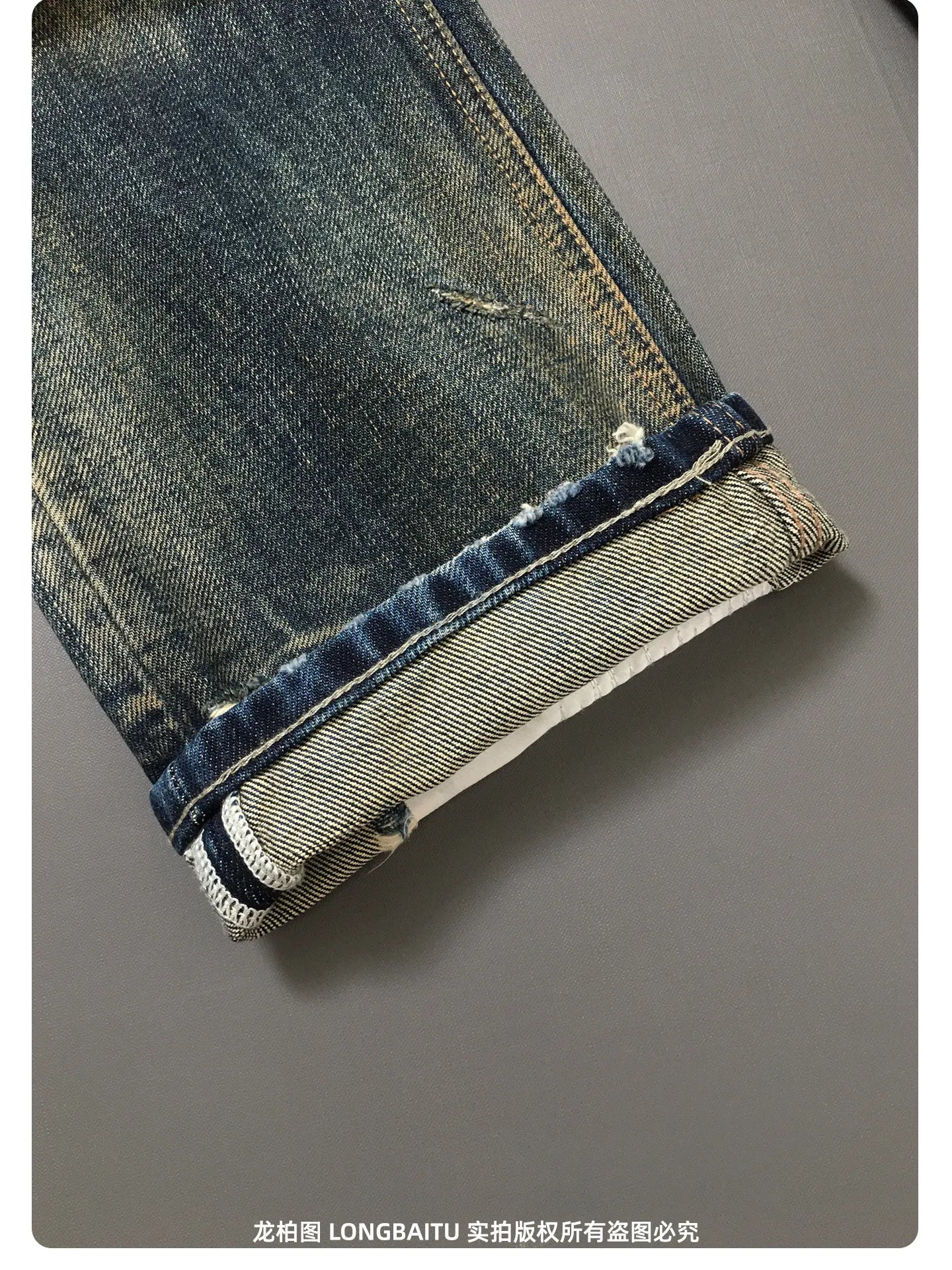 Heavyweight American Retro 100% Cotton Jeans for Men High-Street Ripped and Patched Non-Stretch Premium Loose Straight-Leg Pants