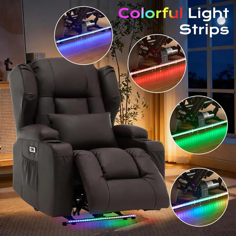 Brown Leather Power Reclining Sofa with Massage, Heat, LED Lights, USB Ports, Cup Holders & Side Pockets