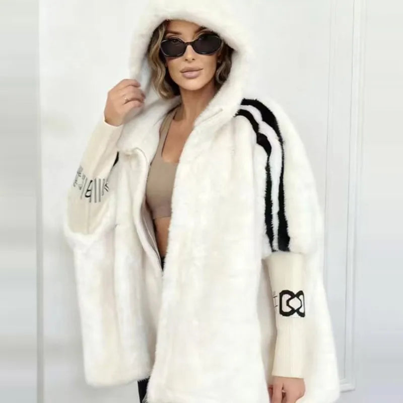 Casual Warm Plush Women's Coat Fashionable Zipper Cardigan With Baton Sleeves Loose Hooded Coat Autumn Winter New Commuting Wear
