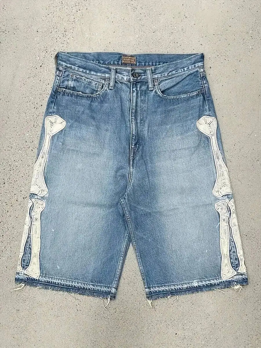 Mens Ripped Denim Shorts With Bone Applique Design Summer Casual Shorts